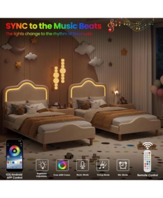 Princess Platform Bed Frame with RGB LED Lights Adjustable Velvet Headboard Wood Slat Support No Box Spring