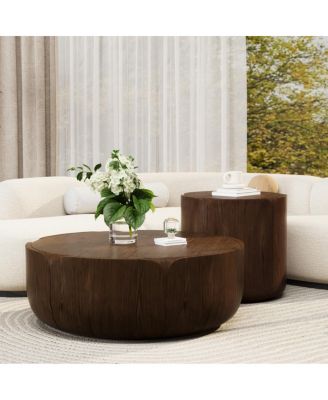   Round Wood Grain Drum Coffee Table Set (Set of 2)