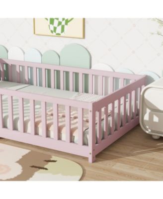 Twin Floor Bed with Fence, Rubber Wood