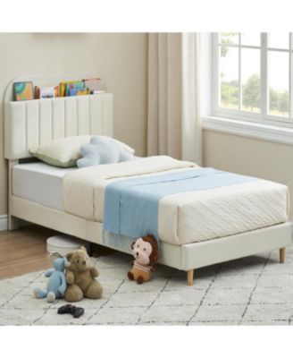 2PCS Twin Upholstered Bed Frames,Platform Bed with Bookcase Headboard, Velvet Mattress Foundation, Heavy Duty Steel Support Legs, Easy Assembly