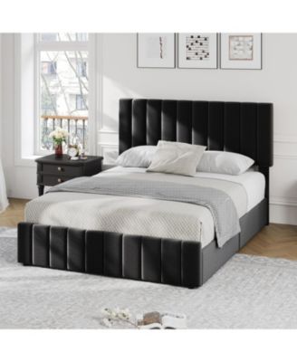 Full Upholstered Bed Frame 4 Drawers Adjustable Headboard Wood Slats No Box Spring