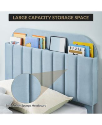 Twin XL Bed Frame Storage Headboard Velvet Upholstered Platform Bed Kids Wood Slats Noise Free