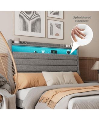 Full Bed Frame Comfy Upholstered Platform Led Lights Charging Station Wood Slats Easy Build No Box Spring