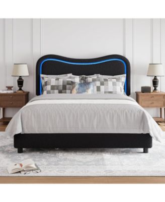Boucle Queen Bed Frame with 2 Storage Drawers Upholstered Platform LED Headboard Wood Slats No Box Spring