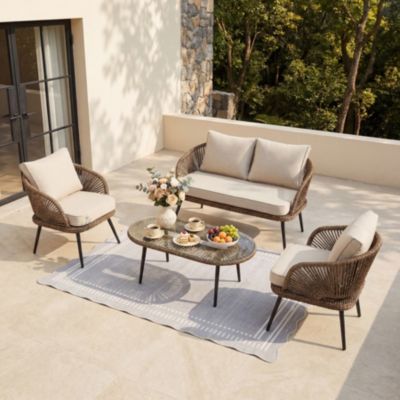 4-Piece Outdoor Wicker Patio Conversation Seating Set with Coffee Table, Weather-Resistant Cushions, Patio Furniture Set for Garden, Deck