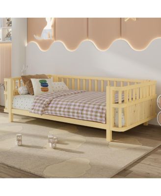 Children's double wooden platform bed with railings (Twin, Natural)