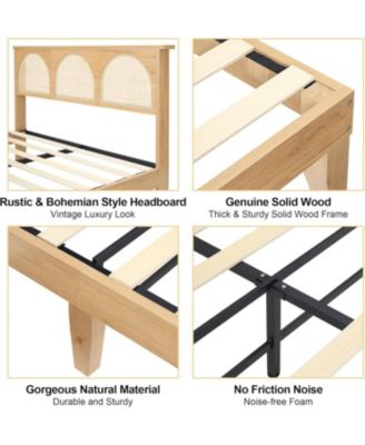 Queen Bed Frame With Rattan Headboard and LED Lights Wood Slats Support Mattress No Box Spring Easy Assembly