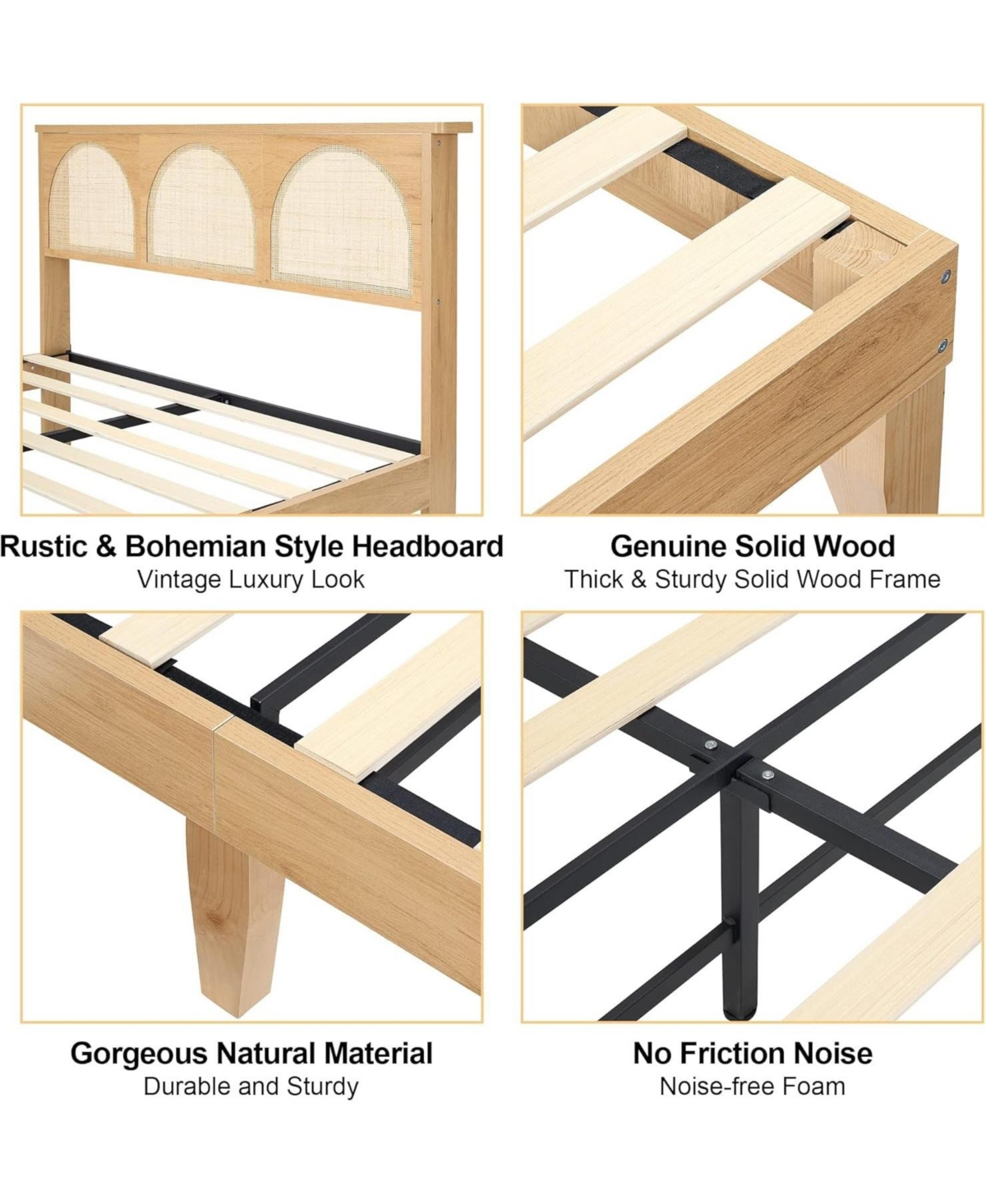 gaomon Queen Bed Frame With Rattan Headboard and Led Lights Wood Slats Support Mattress No Box Spring Easy Assembly