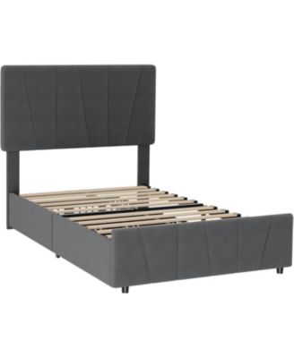 Bed Frame Adjustable Headboard 2 Drawers Linen Upholstered Platform Wood Slats Noise