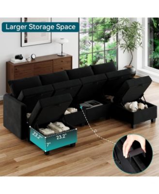 Modular Sectional Sofa with Large Storage Three Seat Couch with Three Ottomans U Shaped Velvet Upholstery Modular Living Room