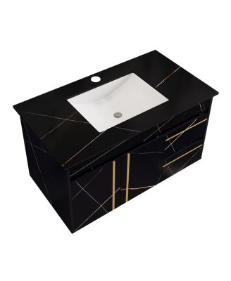 Floating Bathroom Vanity with Faux Marable Top, Integrated Ceramic Sink, Soft Close Drawers, Luxury Modern