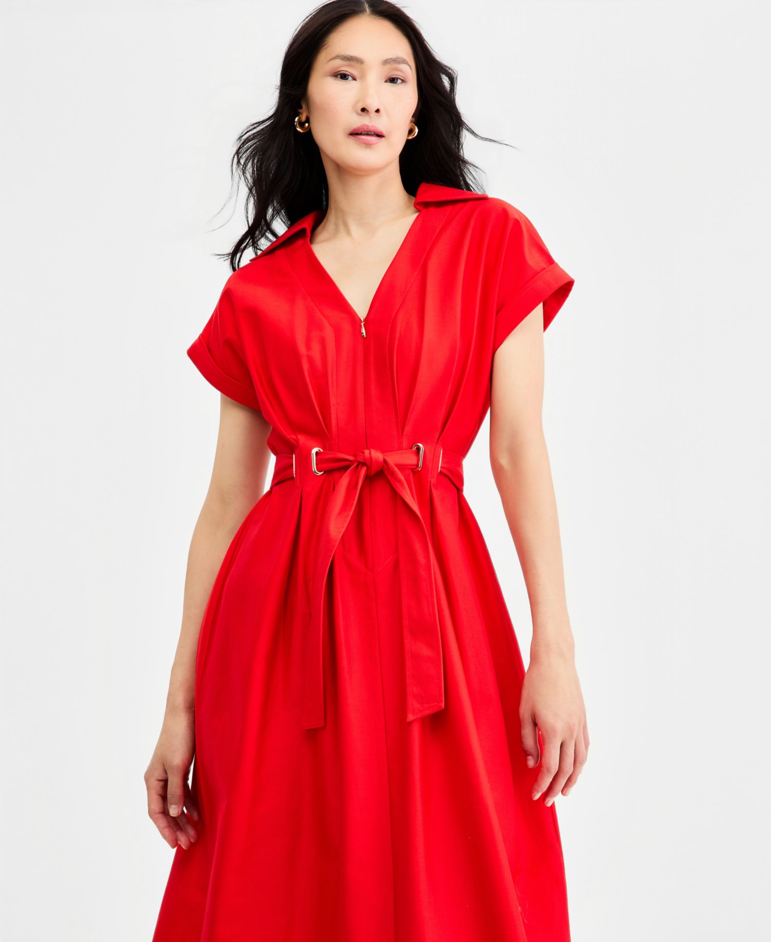 Women's Collared Belted Grommet-Waist Midi Dress