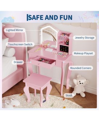 Kids Vanity Table Set with Lighted Mirror and Stool