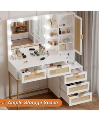 Modern Makeup Vanity Desk Set with Adjustable Mirror, Bench and Charging Station