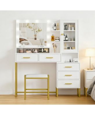 Large Makeup Vanity Set with LED Lighted Mirror, Stool, Shelves and Charging Station