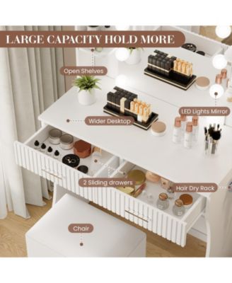 Modern Makeup Vanity Set with 12-LED Mirror, Stool, 2 Drawers, Shelves and Power Outlet
