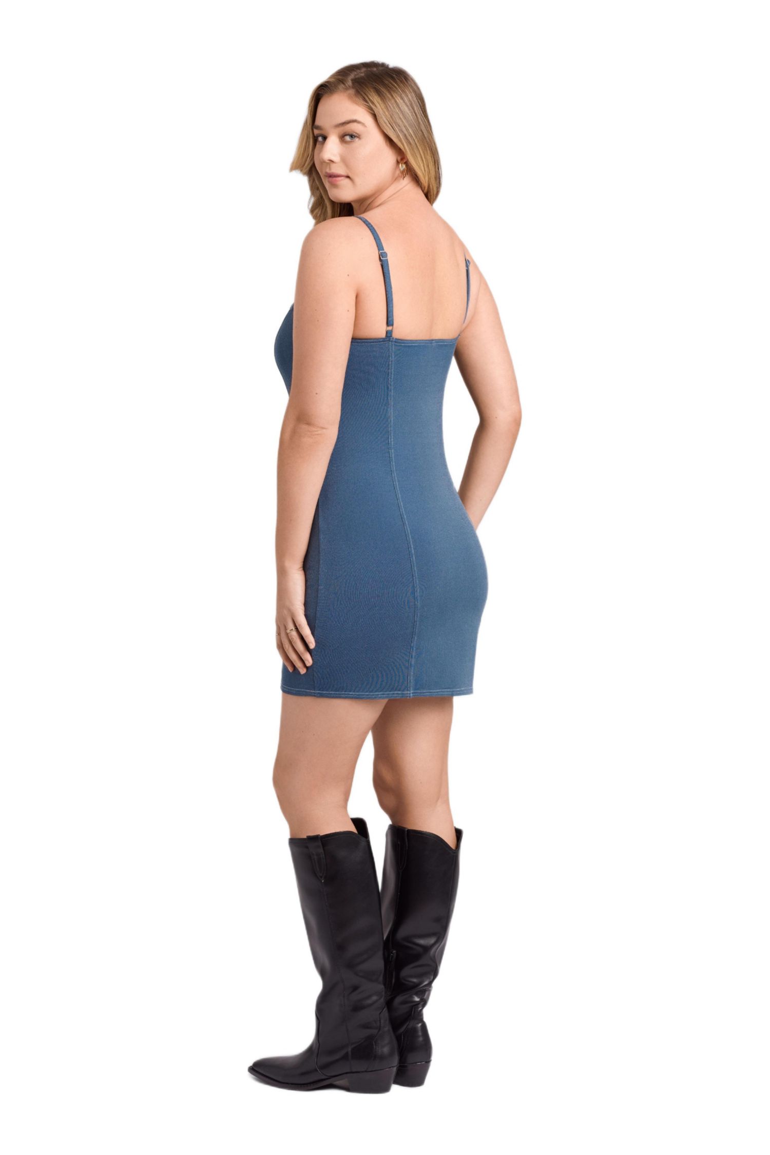 Women's Denim Straight Neck Sculpting Mini Dress with Built-In Shapewear
