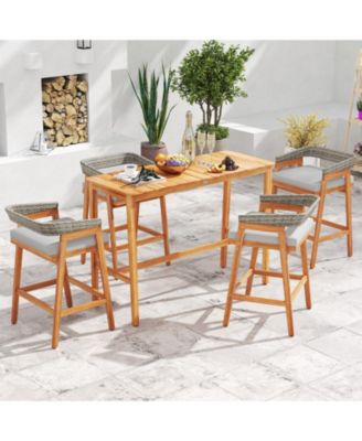 Set of 2 Patio Acacia Wood Counter Height Bar Stools with Cushions and Wicker Backs