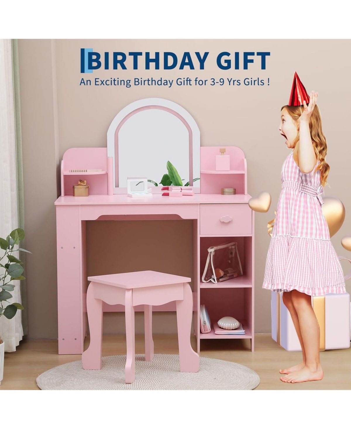 gaomon Kids 2-in-1 Vanity Set with Lighted Mirror, Stool, Bookshelf and Makeup Kit