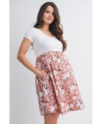 Maternity Floral Scoop Neck Short Sleeve Dress with Pockets