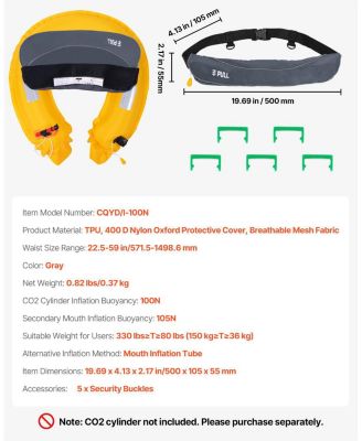 Manual Inflatable Belt Pack PFD for Adults, 105N Buoyancy, Adjustable Waist