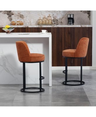 Counter Height Bar Stools Set of 2, Modern Barrel Stools with Backrest, Linen Fabric