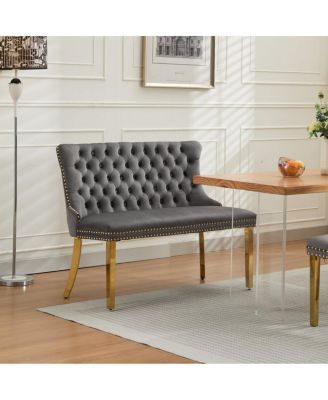 Velvet Double Dining Loveseat Bench, 2-Seat Tufted Bench w/Gold Legs