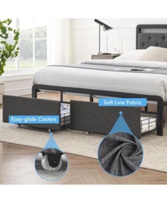 Full Bed Frame With 2 Drawers Upholstered Platform Bed LED Headboard No Box Spring Easy Assembly
