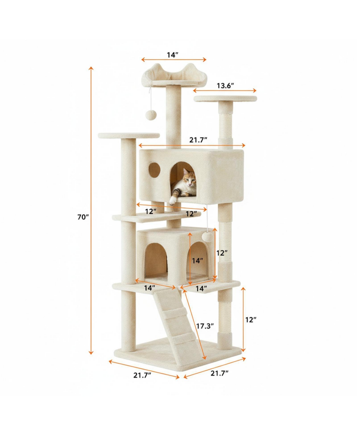 Aronkl Multi-level Cat Tree Tower with Cat-ear Perch 2 Caves Sisal Posts Climbing Ladder Replaceable Balls Pet Activity Center