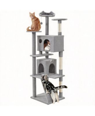 Multi-level Cat Tree Tower with Cat-ear Perch 2 Caves Sisal Posts Climbing Ladder Replaceable Balls Pet Activity Center