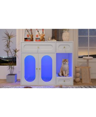 Cat Litter Box Enclosure with LED Light – End Table with Storage Drawers & Acrylic Doors