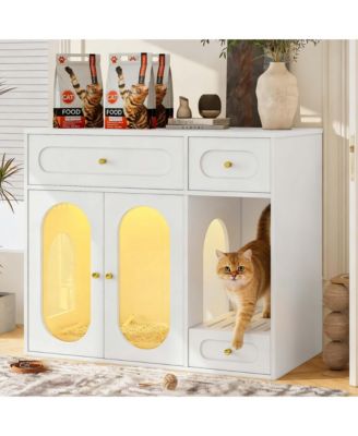 Cat Litter Box Enclosure with LED Light – End Table with Storage Drawers & Acrylic Doors