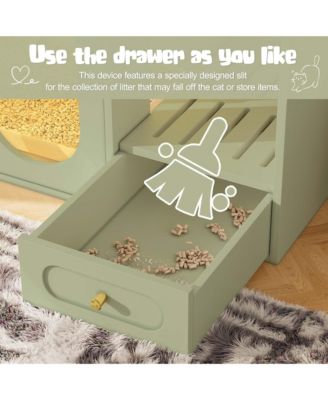 Cat Litter Box Enclosure with LED Light – White End Table with Storage Drawers & Acrylic Doors, Green