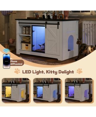 Farmhouse Cat Litter Box Enclosure with Sliding Barn Door – White Nightstand Cabinet with LED Light & Storage, Hidden Cat Furniture