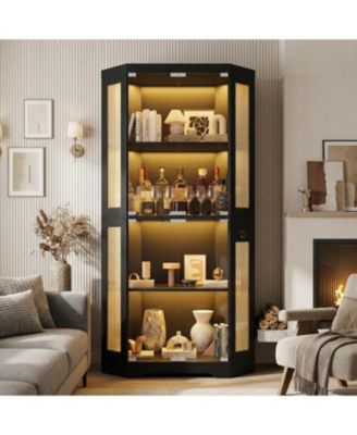 Glass Display Cabinet, 4 Tier Curio Cabinets with 3 Color Lights, Corner Bookcase for Collectibles, Storage Cabinets with Human Body Sensor