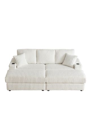 84" Corduroy 3-Seater Sofa w/ Pillows, Ottomans, Storage & Cup Holders