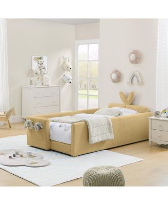 Twin Size Upholstered Platform Bed with Rabbit Ear Headboard & Safety Rail