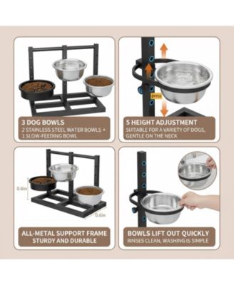 Dual Sided Elevated Dog Stand 5 Adjustable Heights 3 Bowls Slow Feeder Stainless Steel Non Slip