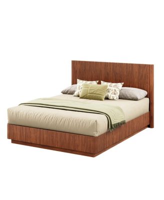Queen Size Bed Frame with LED Lights, Modern Walnut Wood Design