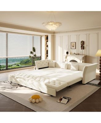 Oversize Pull Out Sofa Bed with Fabric Flower Tufted Design, Velvet Loveseat Bed