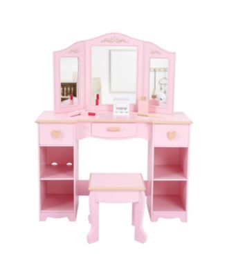 Kids Pretend Play Vanity Set with Tri-Fold Mirror and Stool