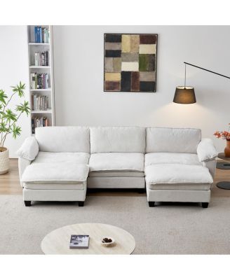 Living Room Sofa, Luxury Chenille U-Shape Couch with Two Ottomans