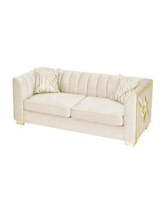  Luxurious Velvet Sofa with Geometric Gold Hardware & Metal Feet