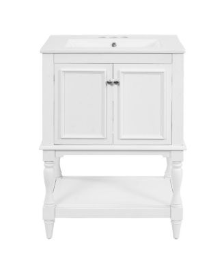 24" Bathroom Vanity with Ceramic Sink, Solid Wood Legs, Carved Palace Style Cabinet, Open Shelf for Small Bathroom