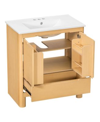 30" Modern Natural Bathroom Vanity with Ceramic Sink, Soft-Close Doors, Bottom Drawer Storage, Freestanding Cabinet
