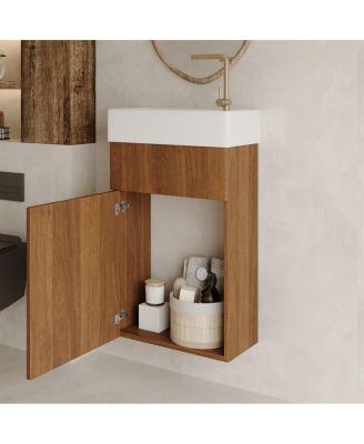 17.6" Small Floating Bathroom Vanity with Ceramic Sink, Walnut Wall Mounted Soft-Close Cabinet for Small Bathroom