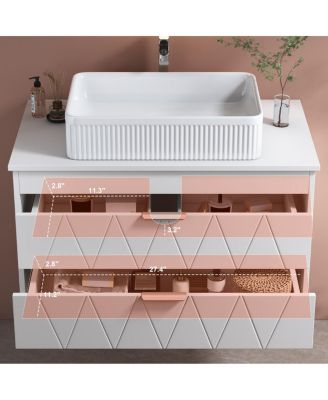 Floating Bathroom Vanity with Ceramic Vessel Sink, 2 Soft-Close Drawers, Modern Solid Wood Wall Mounted Cabinet