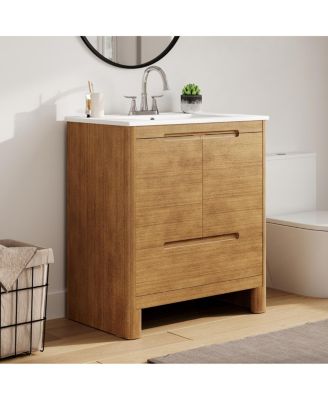 30" Modern Bathroom Vanity with Ceramic Sink, Soft Close Doors, Spacious Storage Drawer, Natural Freestanding Cabinet