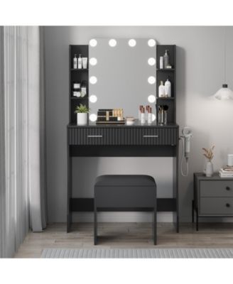 Modern Makeup Vanity Set with 12-LED Mirror, Stool, 2 Drawers, Shelves and Power Outlet