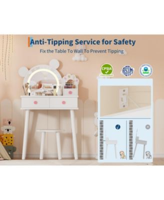 Kids Wooden Vanity Table and Chair Set with Touch Control Lighted Mirror and Drawers